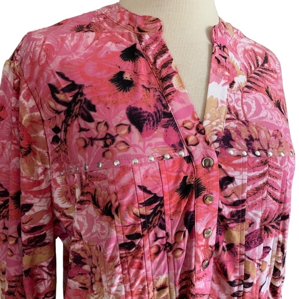 COCOMO 1X Pink Floral Plus Size 3/4 sleeve women’s Pintuck Blouse top sh… - Picture 4 of 12